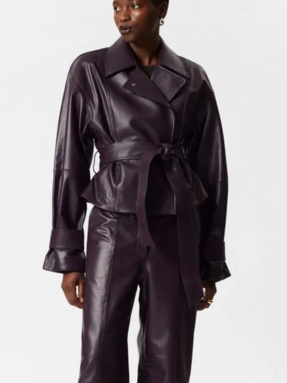 & OTHER STORIES Plum Belted Leather Jacket - Picture 6 of 10